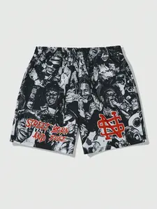 Trendy American Streetwear Hip-Hop Patchwork Print Shorts, Main Color with Slogan Details, Loose Casual Comfortable Fit, Unisex Fashion Bottoms, Graphic Shorts