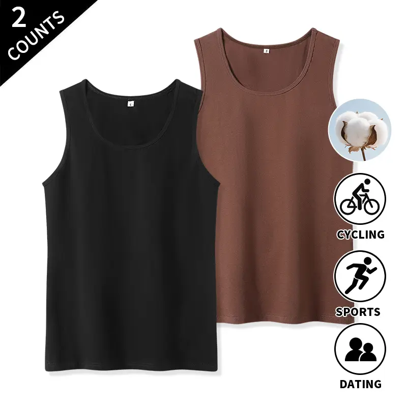 Men's U-Neck Cotton Tank Top 2-Pack - Loose Fit Plain Sleeveless Undershirts for Summer, Casual Loungewear, Gym & Cycling - Soft Breathable Cotton, Black and Brown
