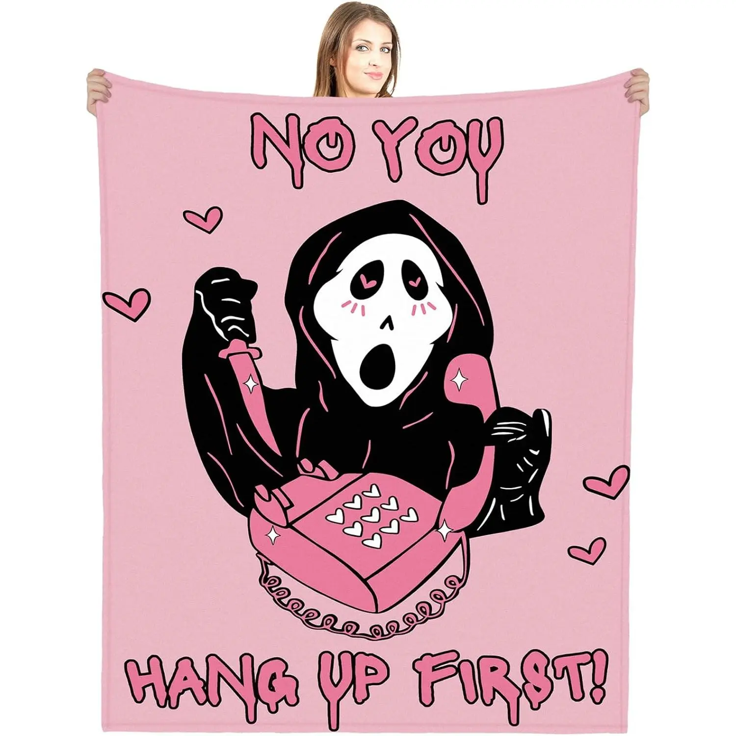 Halloween Pink Ghost Face Fleece Blanket, Horror Skeleton Halloween Theme Soft Comfortable Warm Cozy Flannel Throw Blanket for Bedroom Living Room Bed Sofa Decor Blanket