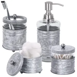 Autumn Alley Rustic 4-Piece Glass & Galvanized Bathroom Set - Rustic Farmhouse Accessories with Liquid Soap Dispenser, Toothbrush Holder, Apothecary Jars & Ball Handles for Vanity