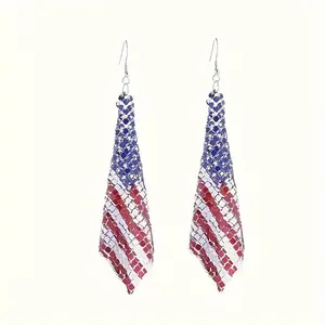 Women's Chain Net Earrings - Geometric Square Design with American Flag Pattern, Trendy Fashion Accessory for Independence Day Celebrations