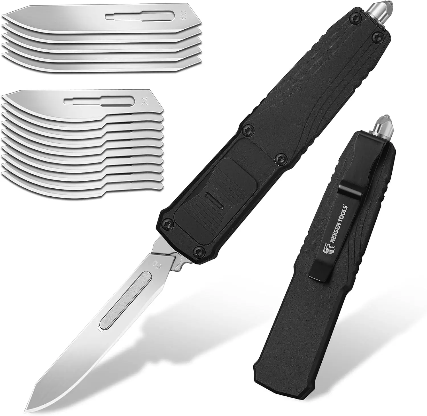 NEXSEN Automatic Scalpel Pocket Knife,Fast Open Utility Knife,Small Auto Retractable Knife Push Button, EDC Replaceable Blade Box Cutter with 10PCS #24 and 5PCS 0.4mm thick #60 Scalpel Blades (Black)