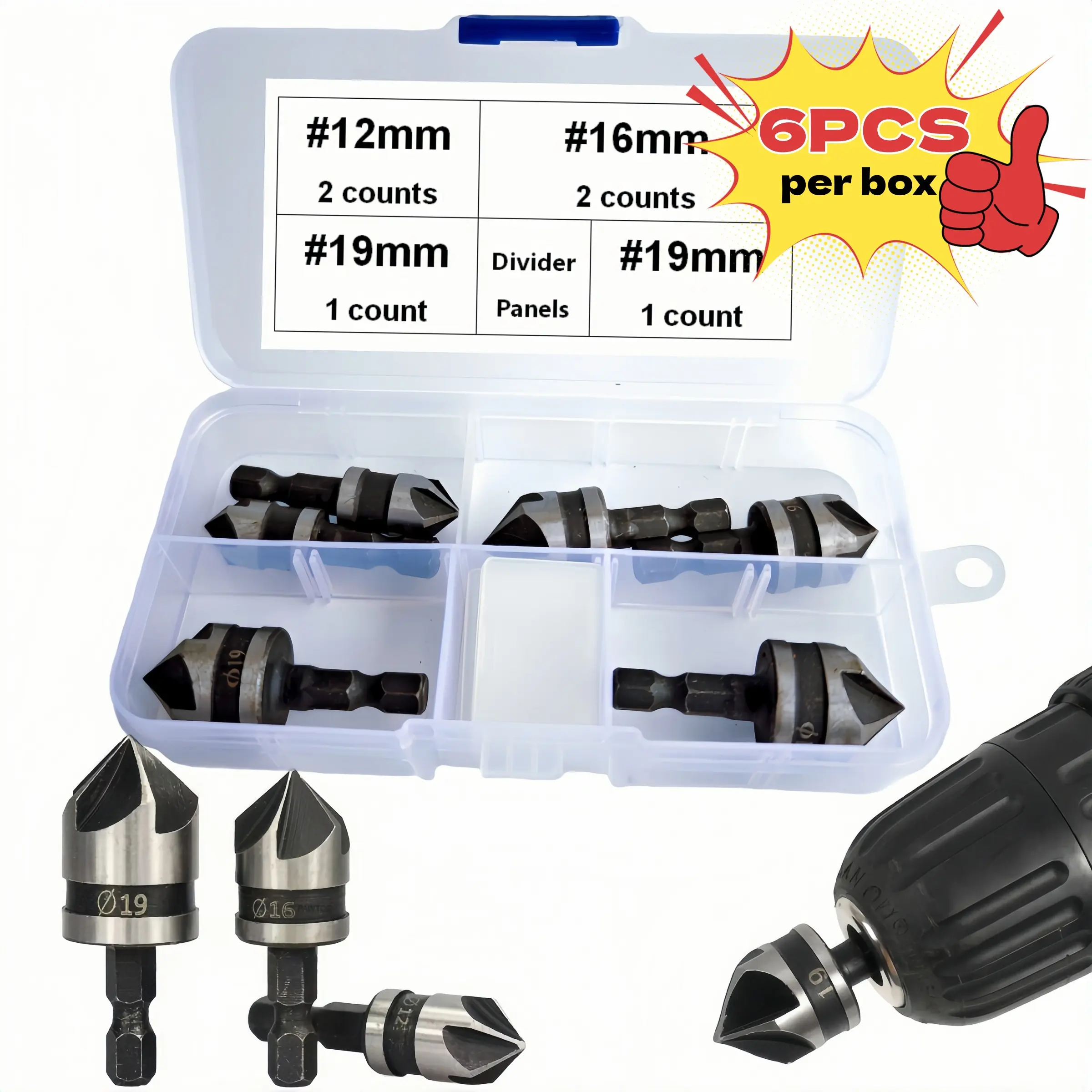 6-Piece Set 90 Degree Five-Blade Chamfered Countersink Drill Bits Hex Shank Woodworking Hole Opener Kit 12/16/19mm Precision Drilling Tool