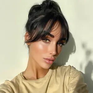 synthetic Straight Bangs Hair Clip 1Pcs Black Clip in Fake Bangs Hair Extensions Wispy Bangs for Women Clip-In Natural Fringe with Temples Hairpieces Curved Bangs for Daily Wear (Black, 1pcs)