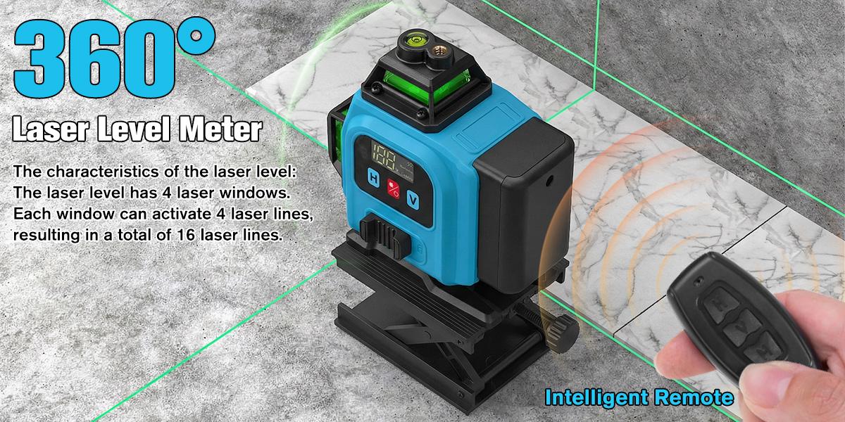 Tanlook Laser Level, 3×360° Self-Leveling Laser Level, 16 Lines Green Beam 4D Laser Level, equipped with 2 lithium batteries, suitable for picture hanging, tile laying, home renovation and indoor projects