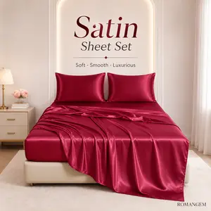 ROMANGEM 4 Piece Burgundy Satin Sheet Set, Silky Soft Microfiber Bedding, Deep Pocket Fitted Sheet, Flat Sheet & 2 Pillowcases, Luxury Bedroom Sheets Split King Cooling top