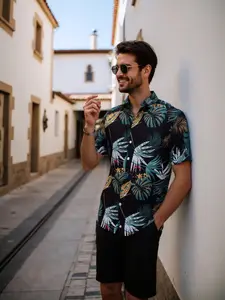 Two-Piece Set Men's Regular Fit Tropical Palm Tree Print Shirt & Shorts Set, Casual Short Sleeve Collared Top & Shorts, Men's Summer Outfits Set for Beach Vacation Clothes Menswear