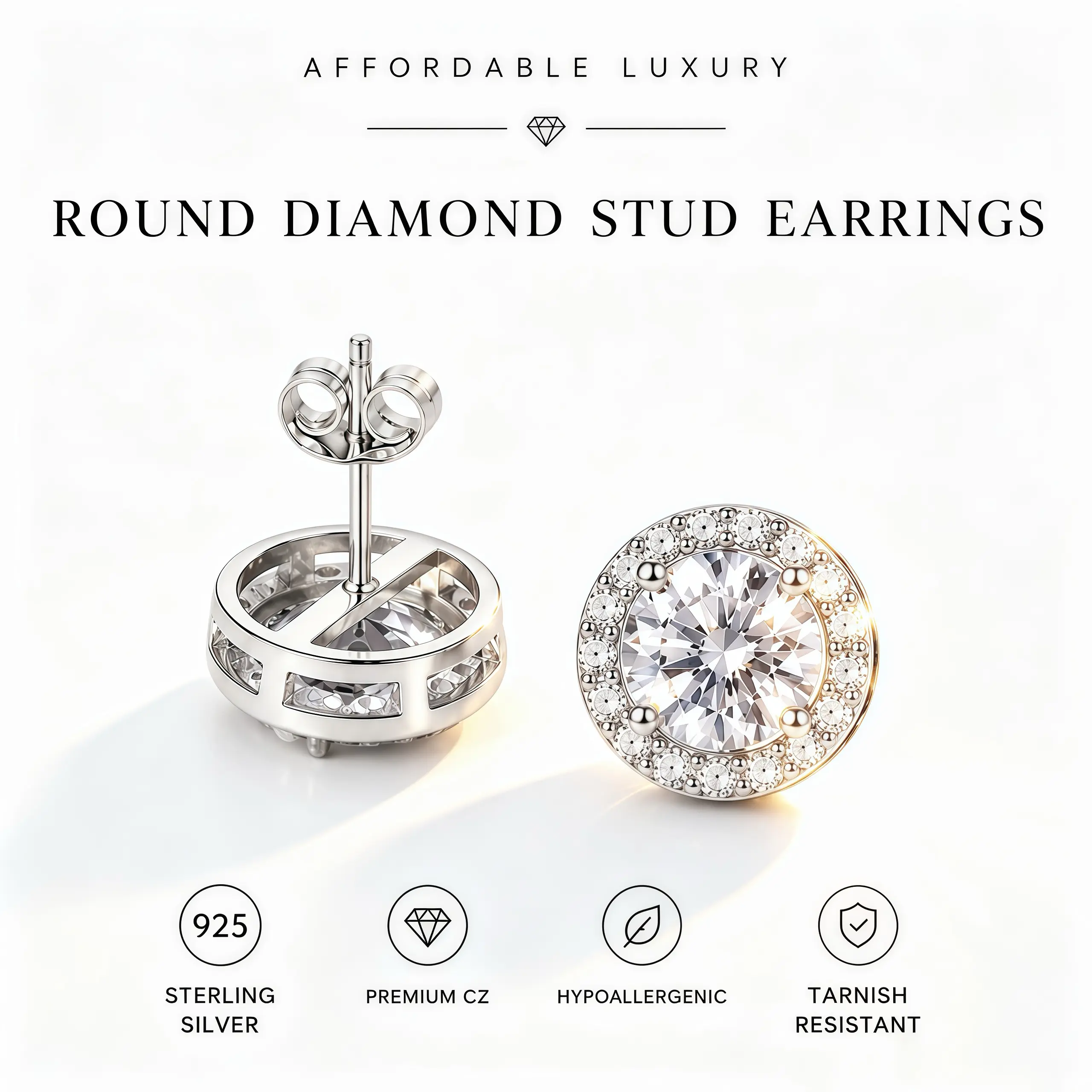 925 Sterling Silver Round Stud Earrings for Adults - Elegant AAA CZ Diamond Simulants, Hypoallergenic with Comfortable Flat Backs, Affordable Fashion, Mother’s Day