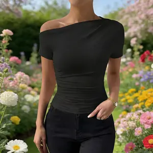 Women's Ruched Asymmetrical T-Shirt - Slim Fit Summer Crop Top - Trendy Mother's Day Gift Shortsleeve Aesthetic