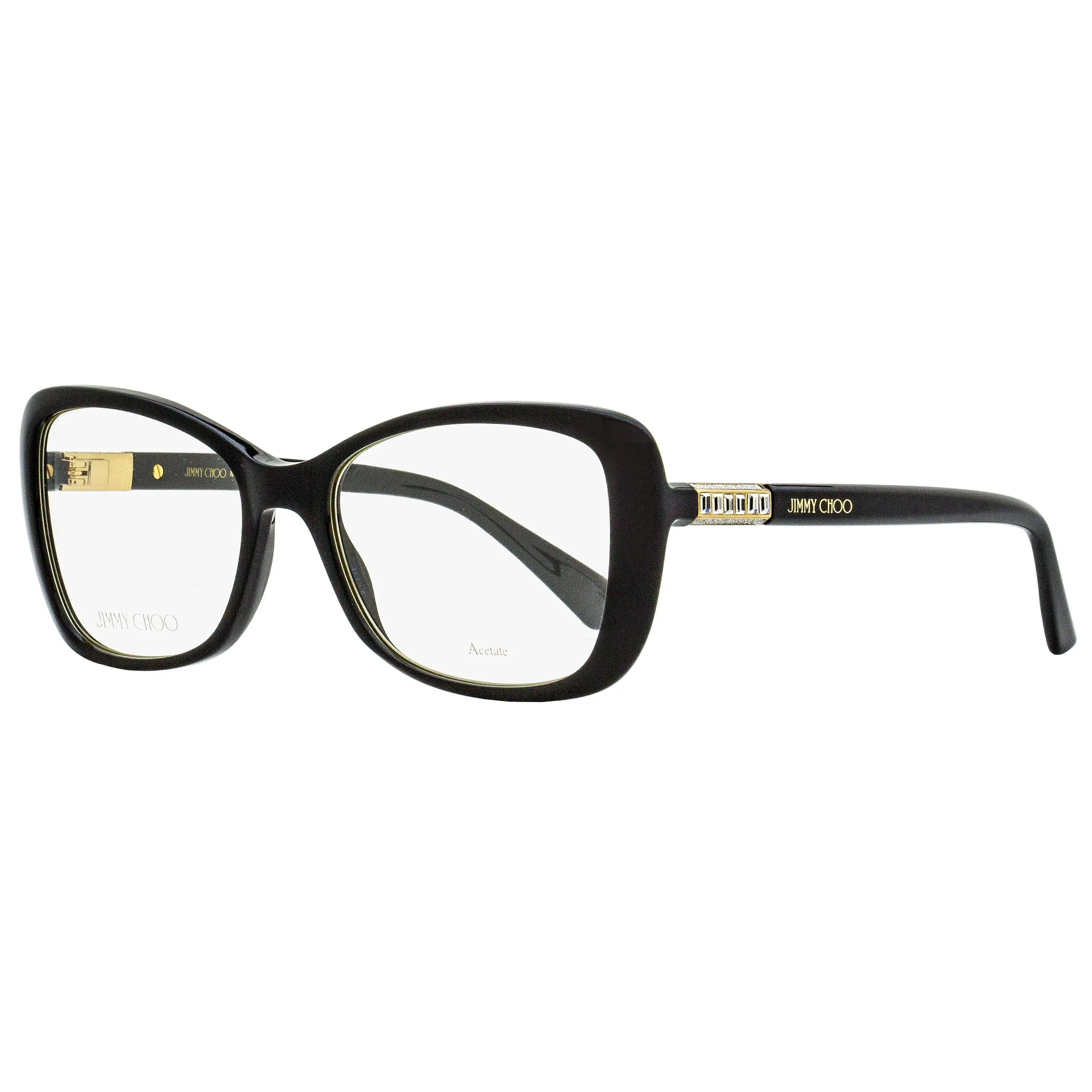 JIMMY CHOO JC284 Butterfly Eyeglasses for Women, Non-Prescription Acetate Frames with Hand-Applied Crystal and Glitter, Black/Gold 53mm, Butterfly Glass Non-Prescription Glasses, Acetate Handles Non-Prescription Glasses