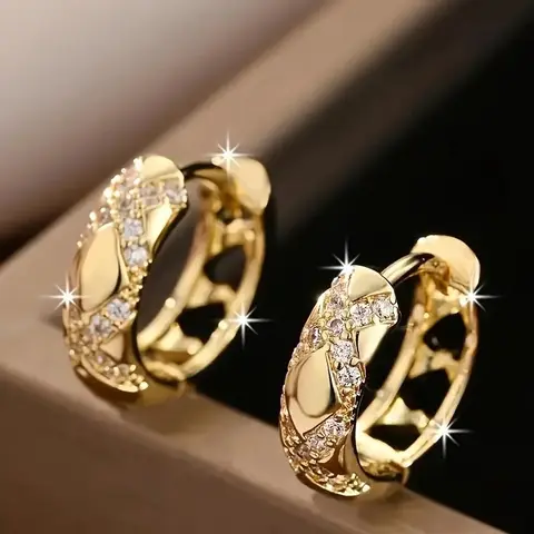Luxurious 18K Golden Plated Copper Hoop Earrings with Synthetic 3A Zirconia Fashionable Women's Jewelry