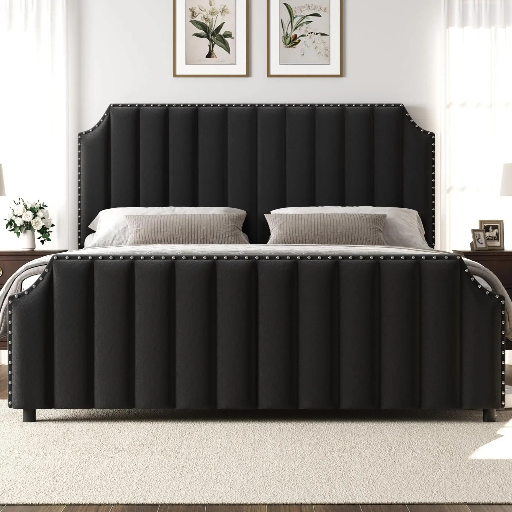 Garvee Queen Size Velvet Platform Bed Frame with 50.2 in Tall Tufted Headboard & Footboard, Nailhead Trim, No Box Spring Needed, Black Upholstered Bed Frame, Vertical Channel Design