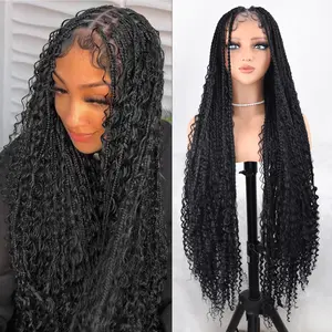 Black Women's 36in Synthetic Boho Knotless Braided Double Full Lace Wig with Baby Hair, Natural Black, for Summer Daily Wear & Costume Party Decor, Wigs