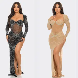 Sparkle Horizon Rhinestone Sheer Maxi Gown – Long Sleeve Cut-Out Slit Dress