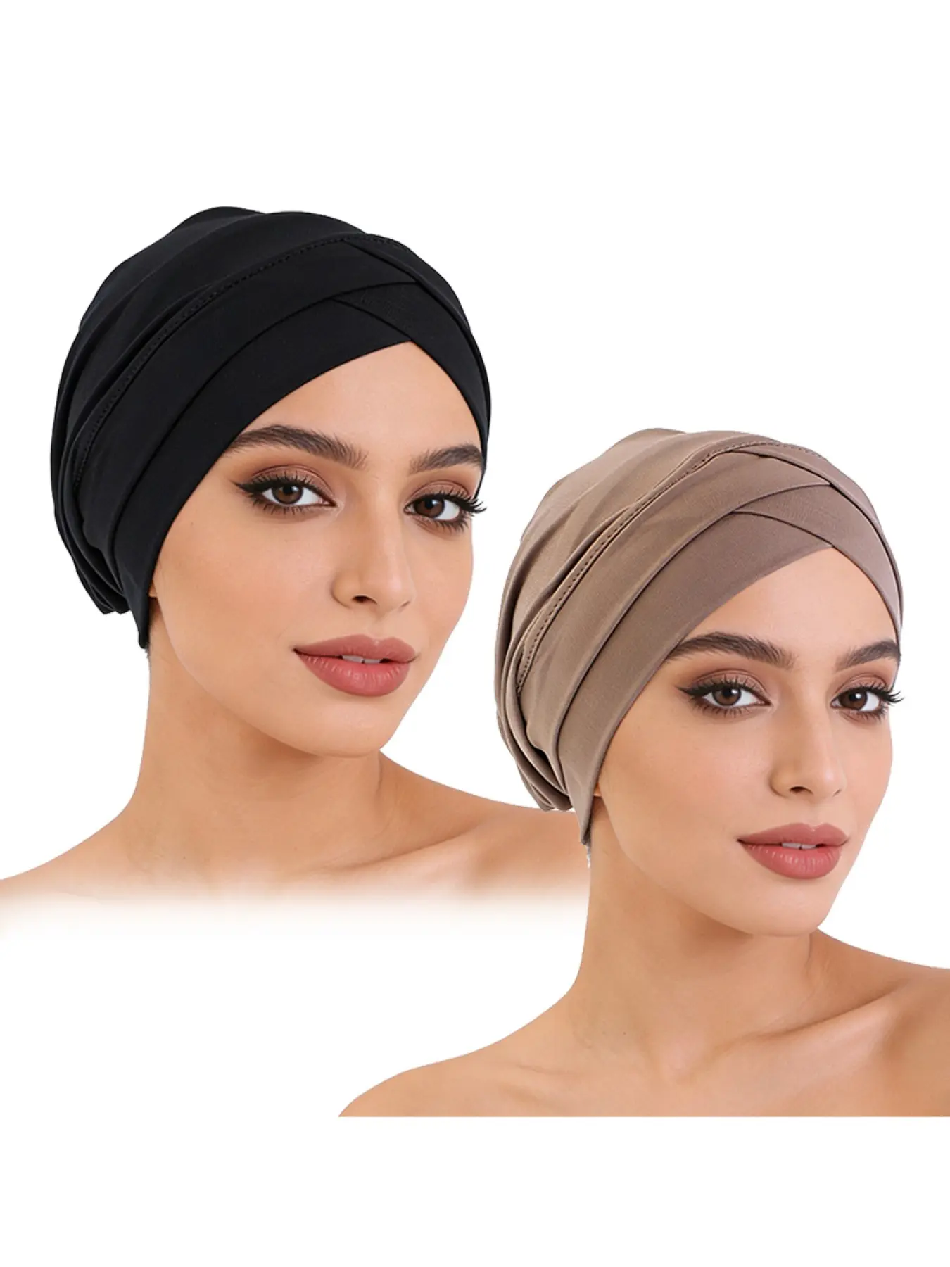 Women's Elastic Headscarf Cap Set, Dual Cross Design Plain Color Hair Protection Hat, Chemotherapy & Daily Wear Accessories, Head Wrap Turban, Muslim Turban, Hijab Turban, Head Scarf Turbans