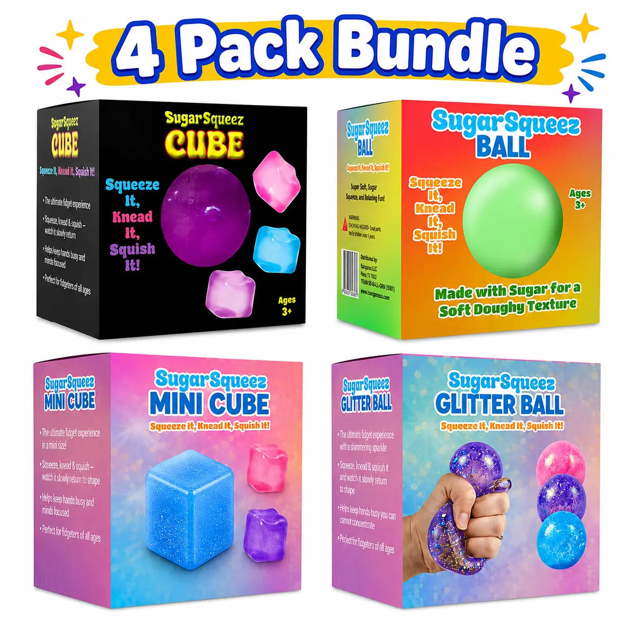 SugarSqueez Sugar Squishy Collection – Ultra Soft Maltose-Filled Dough-Like Fidget Toy Set, Slow-Rising Sensory Squish with Glitter, Neon & Cube Styles, Stress & Anxiety Relief for Kids, Birthday Party Gifts