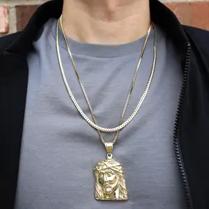 MaxBling81 AAA+ Brass Jesus Portrait Pendant Necklace Set, 2mm 24" Box Chain, 4mm 24" 14K Stamped Cuban Link Chain, Gold Plated Hip Hop Religious High-End Fashion Costume Jewelry, Gold Plated Necklace