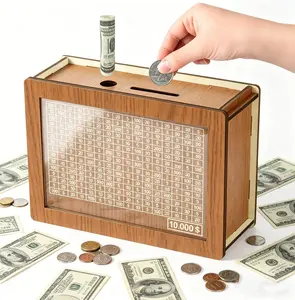 Savings Challenge Box / Money-Saving Box — Wooden Digital Piggy Bank for Adults & Children — Brown Design with Pen— Fun Budgeting & Storage Container — Easy to Assemble & Organize