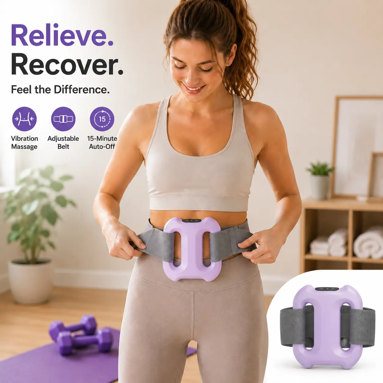 Wearable Muscle Recovery Vibration Massager with Adjustable Waist Belt,15 Minutes Auto Shut off Timer, Hands-Free Fascia Massage Device for Fitness & Relaxation
