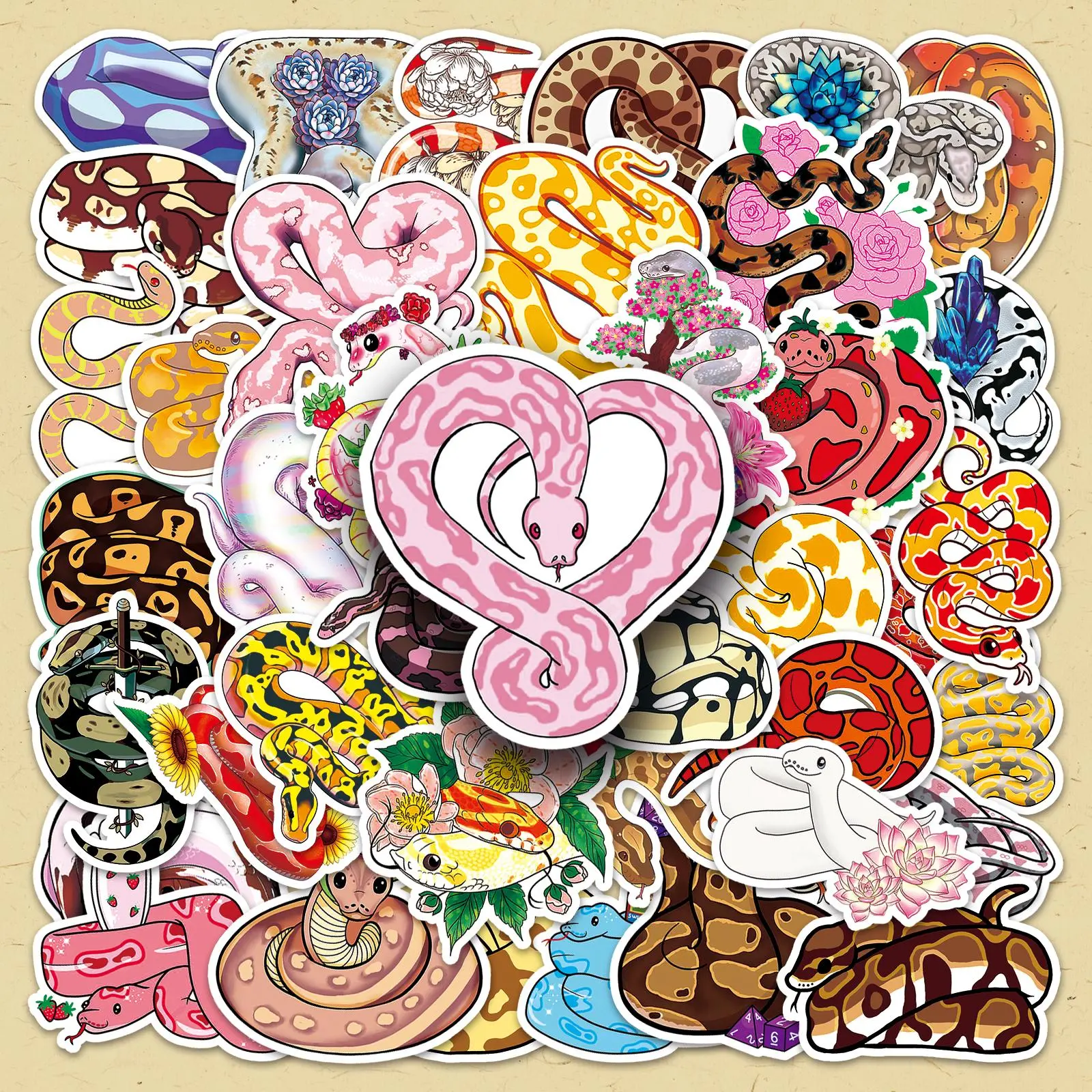 Cartoon Snake Pattern Sticker, Decorative Stickers, 50pcs/set Waterproof Self Adhesive Decor Paper, DIY Decals Crafts for Gift Greeting Card Water Bottle Laptop Phone, Stickers Kit