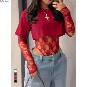 Women's Floral Lace Patchwork Bodysuit - Crew Neck Longsleeves Fitted Crop Pullover, Slim-Fit Women's Clothes, Night Out Top, Versatile Casual Streetwear for Dating or Daily Styling