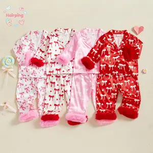 Toddler Baby Girl Valentine Pajamas Sets, Bow Print Plush Laple Long Sleeve Tops with Pants, Casual Baby Girls Set
