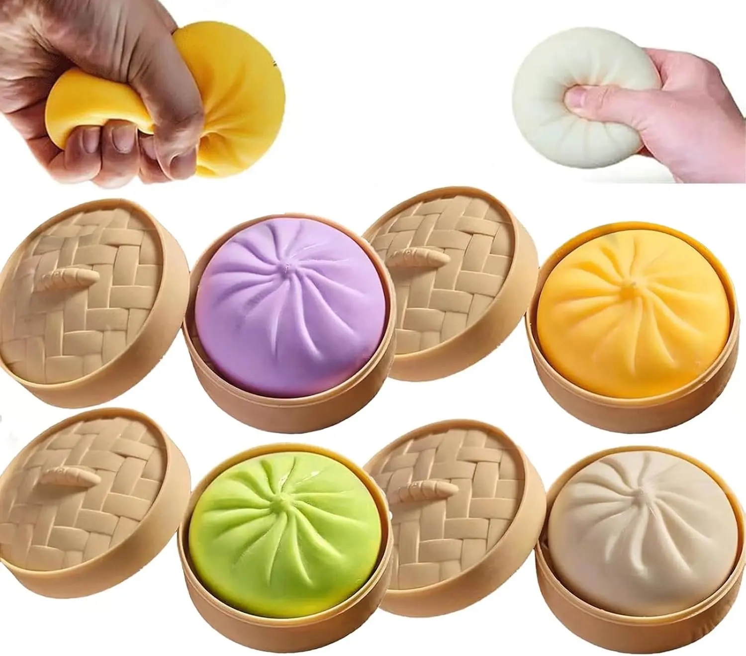 FunPress Kawaii Dumpling Squishies - TPR Safe, Oddly Satisfying Unisex Slow-Rising Fidgets, Collectible Mochi Squishies, Squishy Bun Fidget with Happy Face, 4 Different Colors Stress Relief Toy for 18 Years Above, Dumpling Stress Balls