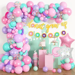 Birthday Party Decorations, 114Pcs Donut Balloons Garland Grow Up Party Supplies Donut Banner Pink Blue Confetti Pearlescent Foil Balloons