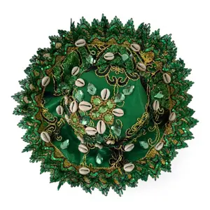 Handmade Green Ogun Santeria Orisha Hat with Cowrie Shells, Ogun-Inspired Yoruba Spiritual Headpiece, Religious Altar Decor for Botánicas