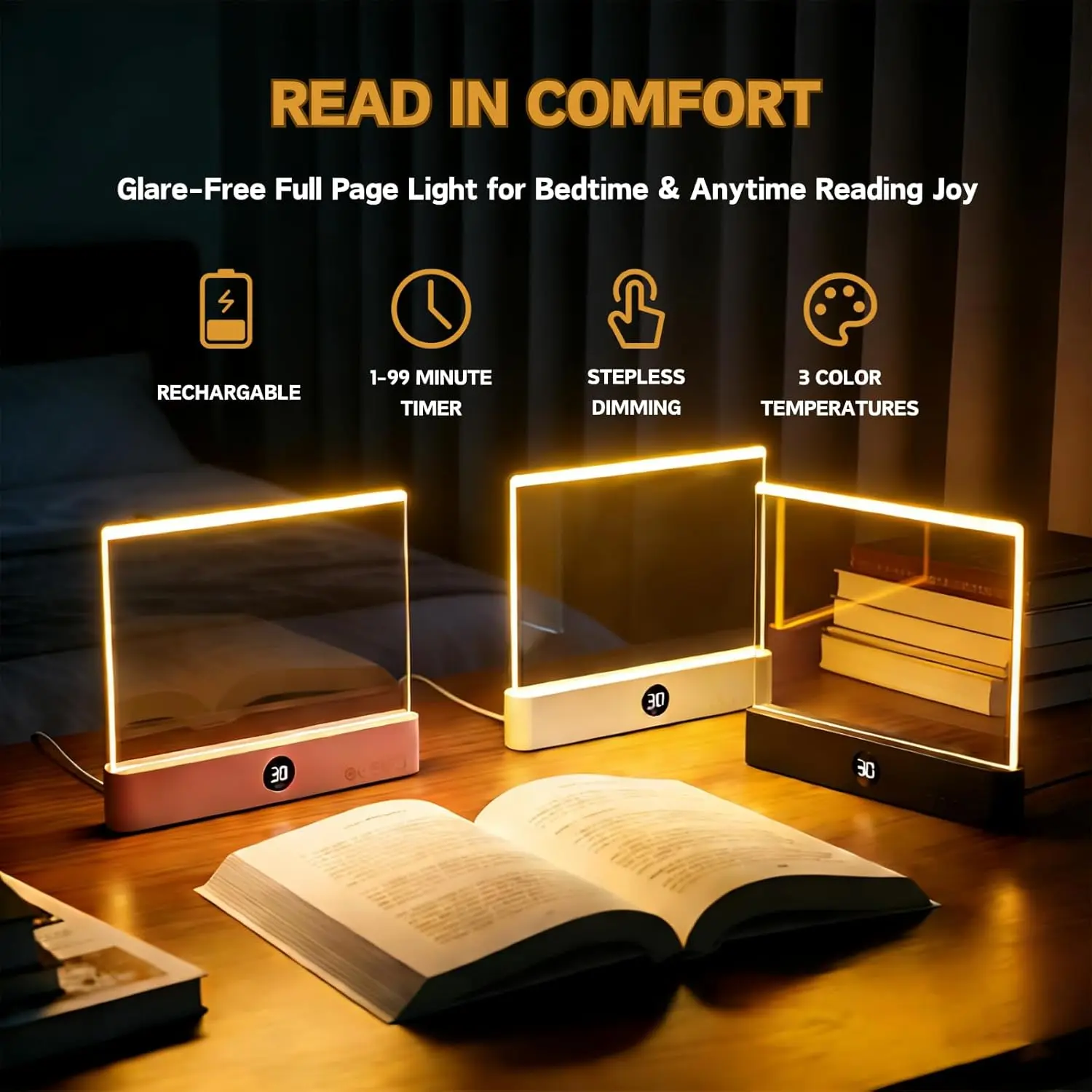 Ultra-Thin Smart LED Reading Panel Electronic Lamp - Indoor Lighting with Digital Timer, Stepless Dimming, 3 Color Modes, No Stray Light, Glare-Free Full Page Eye Care, Auto Shut-Off for Bed & Desk, Glare-Free Full Page Light