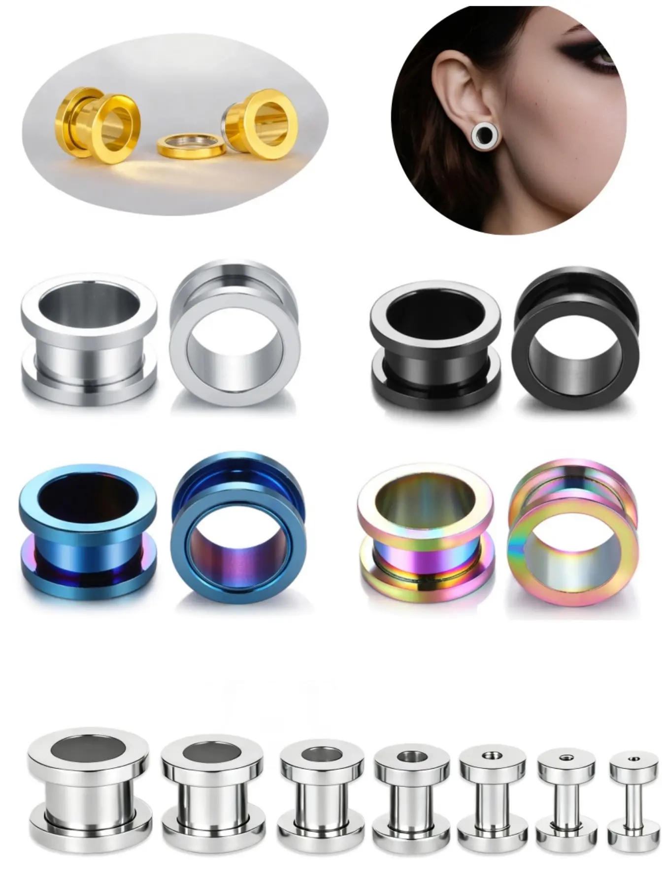 vanku 2pcs Hot Stainless Steel Ear Tunnels, 6-25mm Piercing Body Jewelry, Unisex Trendy Hypoallergenic Studs, Women's Gift, Casual Trendy Jewelry, Hypoallergenic Earrings