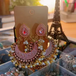Pink Rhinestone and Pearl Drop Earrings