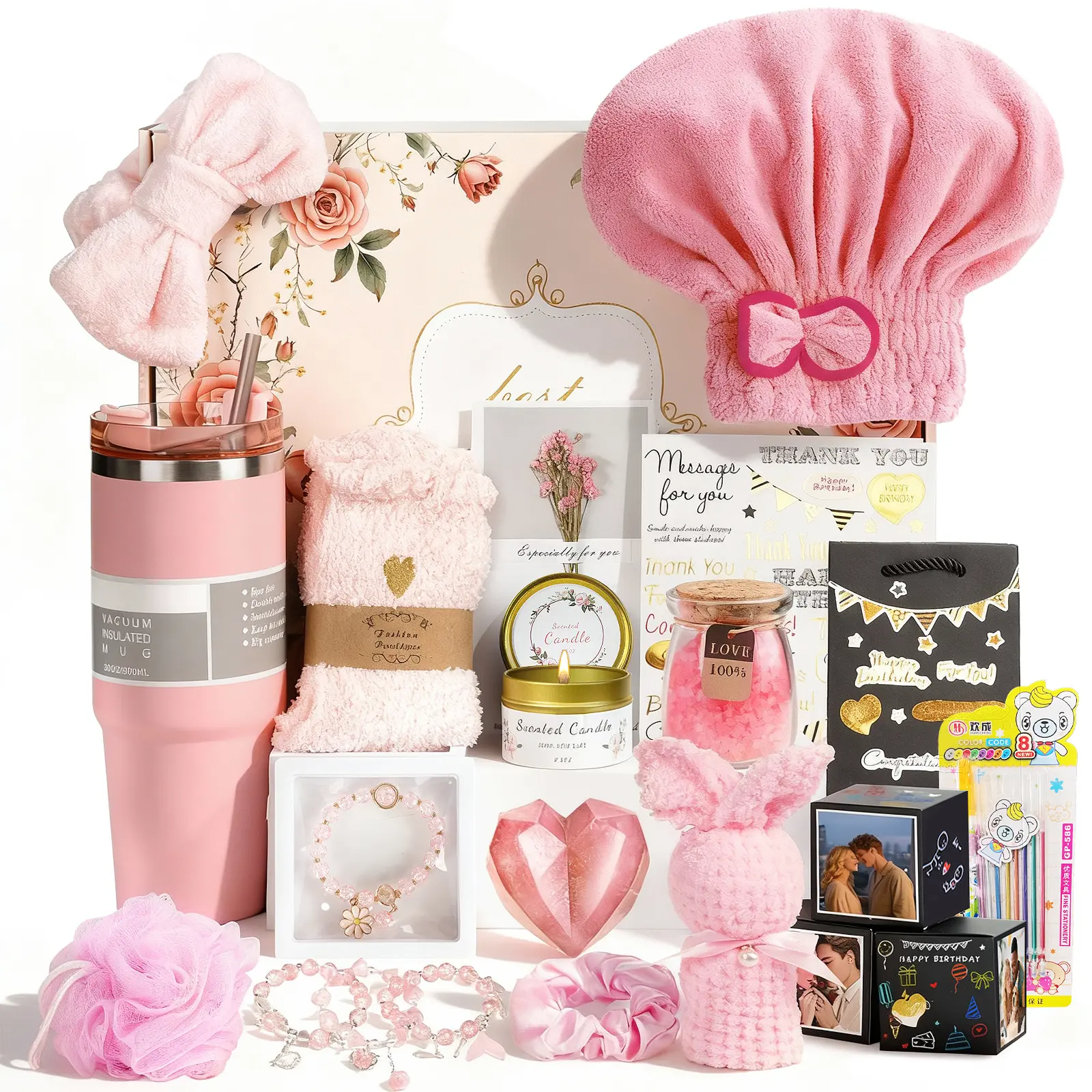 CLTTCLLCT Birthday Mothers Day Gifts for Mom, 21PCS DIY Photo Pop Up Box Get Well Soon Gifts Baskets for Women, Spa Care Package After Surgery Feel Better Inspirational Birthday Gift for Women Wife Grandma