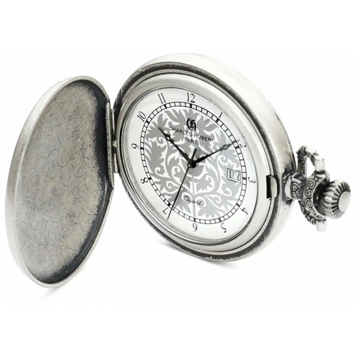 212 MAIN Charles-Hubert Paris Antique Silver-Plated Pocket Watch - Antique Silver Dial, Date Display, Classic Look, Floral Design Back, Quartz Movement, Precise Timekeeping, Unisex Fashion Accessory Watch