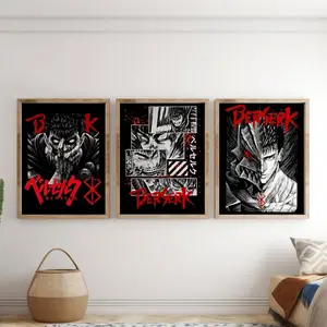 Berserk Anime Poster Set of 3, Guts Manga Collage, Skull Knight, Berserker Armor Art Print, Red and Black Gothic Wall Decor, Gift For Fans