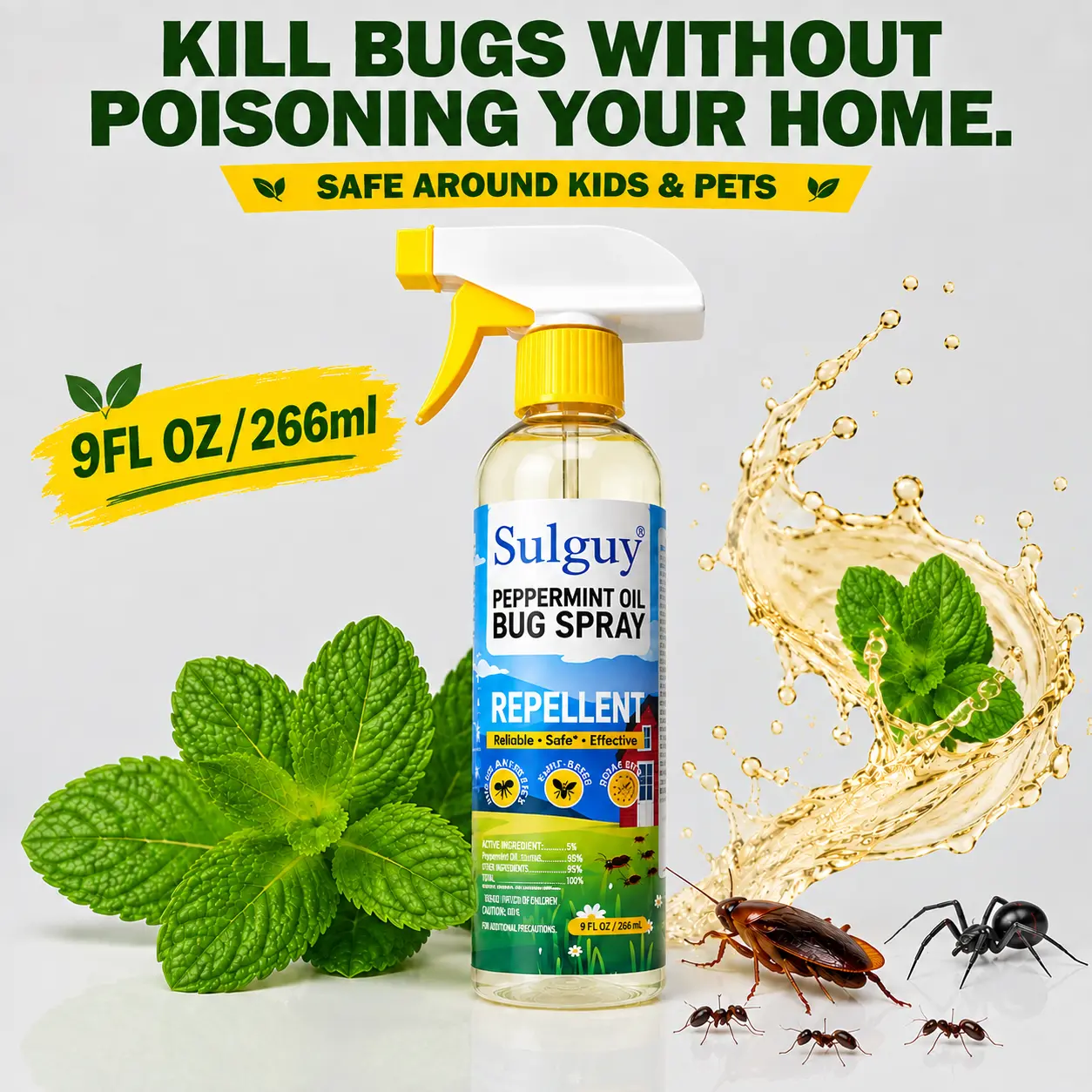Sulguy 9oz Plant-Based Peppermint Spray for Bugs, Family-Safe Home & Indoor Pest Control, Cockroach Repellent, Liquid Indoor Insect Control for Roaches Spiders Ants in Kitchen Areas, Essential Oil Scented Baseboard Repellent
