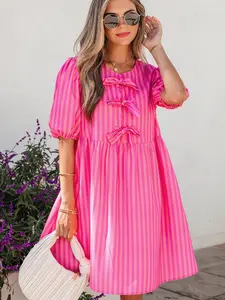Women's Striped Short-Sleeve A-Line Mini Dress with Bows, Comfortable Elegant Casual Wear Dress Piece