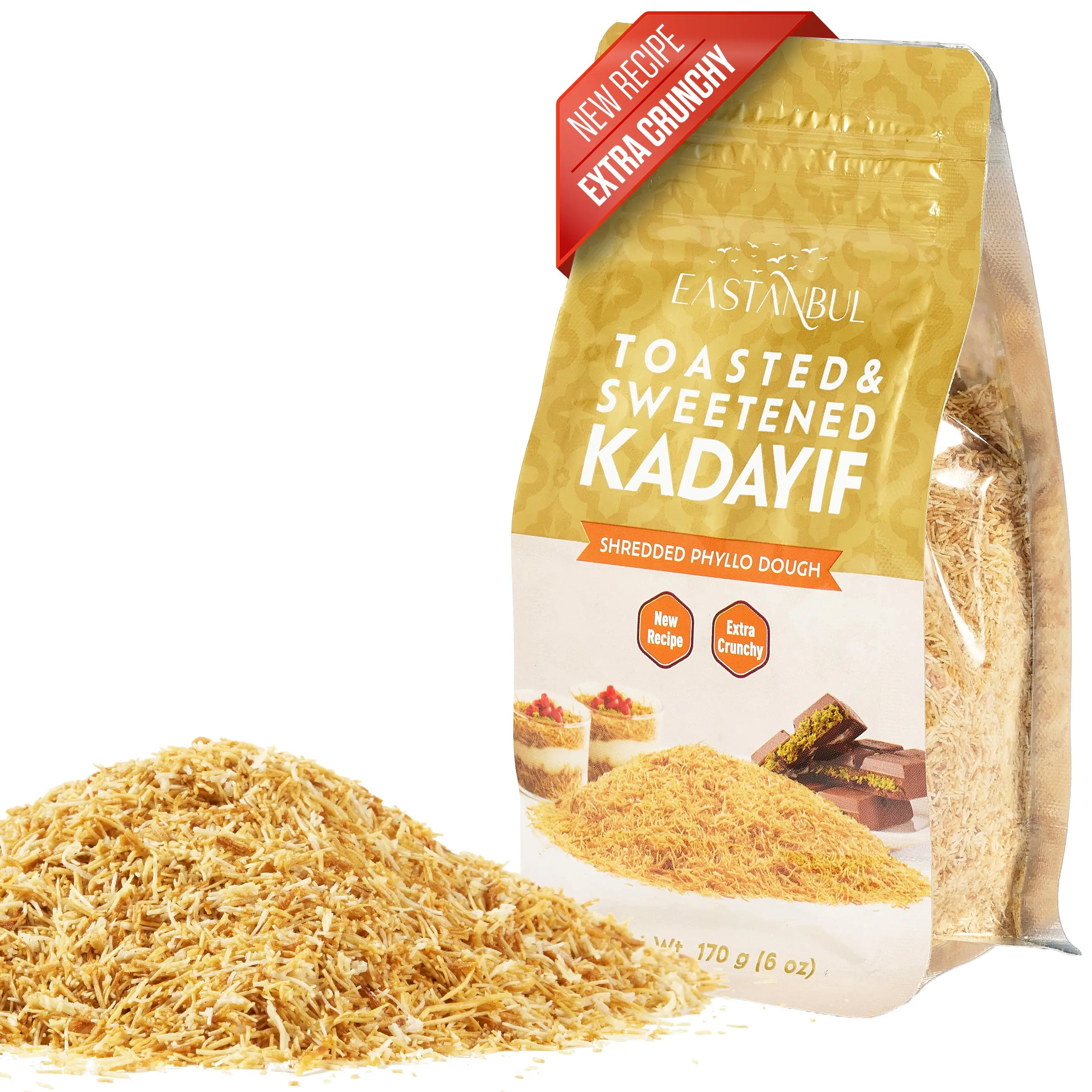 Eastanbul Toasted Kataifi, Extra Crunchy, Sweetened with Sugar Syrup, Baked Kadayif for Dubai Chewy Cookies, Roasted Katifı, Kosher by Star-K, Halal, 6oz