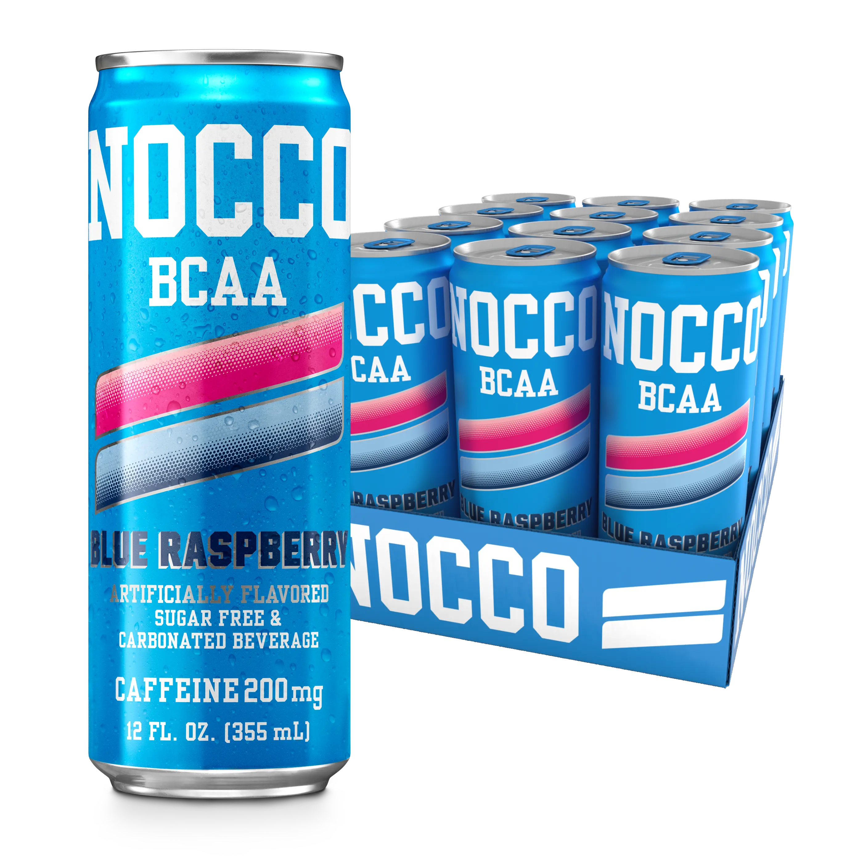 NOCCO BCAA ZERO SUGAR Energy Drink Blue Raspberry - 12 Fl Oz (Pack of 12) - 200mg of Caffeine, Sugar Free Energy Drinks - Carbonated & Low Calorie, BCAAs, Vitamin B6, B12, & Biotin - Grab & Go Performance Drink