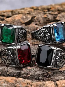 Brothers' style fashionable, high-end and elegant temperament domineering and versatile trend hot-selling retro inlaid tulip artificial gems nesting without rust Fashionable men's ring accessories Artificial Gemstone Ring