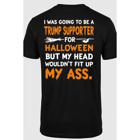 Men's Novelty 100% Cotton T-Shirt—A short-sleeved, humorous graphic tee featuring a satirical political quote and a Halloween bat design on the back. Made from soft, breathable, and fade-resistant fabric with a comfortable, loose fit, it is perfect for Ha