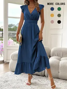 Women's Plain Shirred V Neck Dress, Elegant Fashion Casual Long Dress for Daily Outdoor Wear, Women Dress for Summer