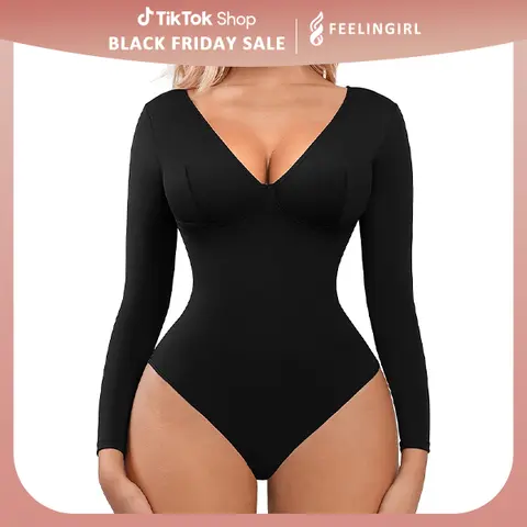 FeelinGirl Long Sleeve Bodysuits for Women V Neck Body suits Shapewear Going Out Tops #2