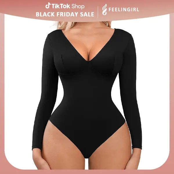 FeelinGirl Long Sleeve Bodysuits for Women V Neck Body suits Shapewear Going Out Tops #2