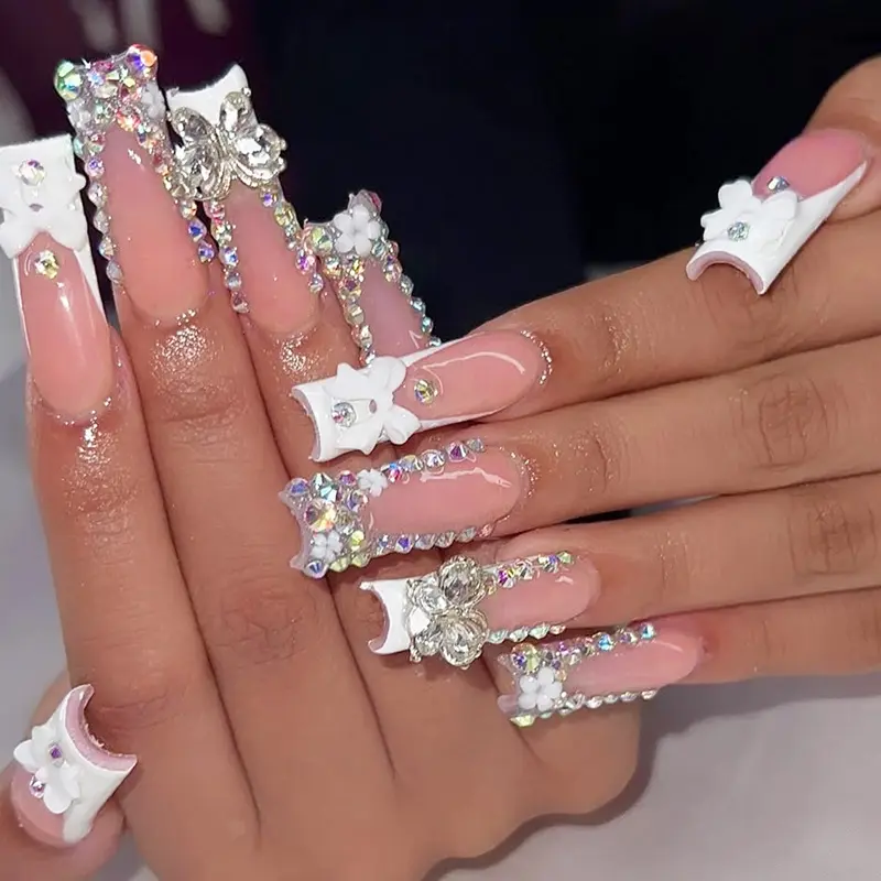 INS nail patches, handmade wearable nails, bowknot with rhinestones, detachable fake nails