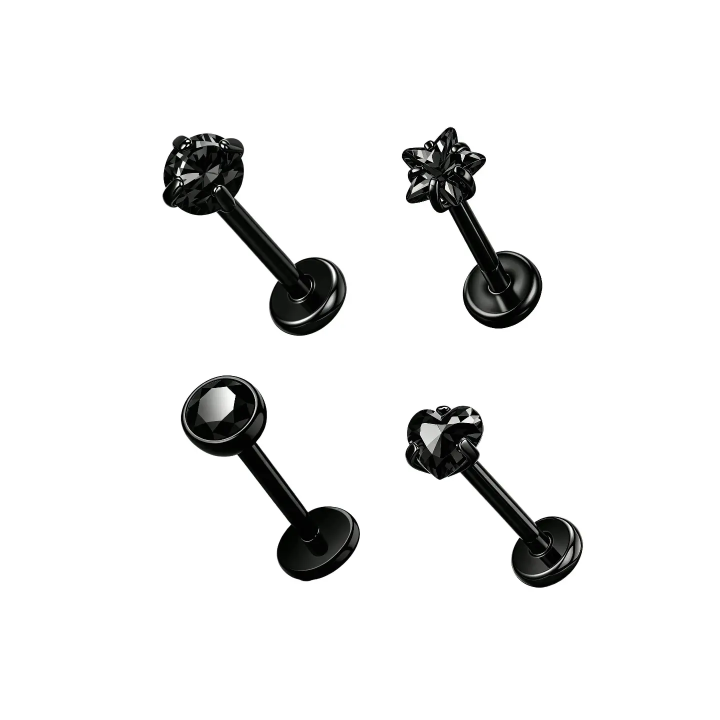 OUFER 20G All Black Nose Studs with Black CZ Top Push Pin Nose Stud 7mm Bar Length Nose Piercing Jewelry
