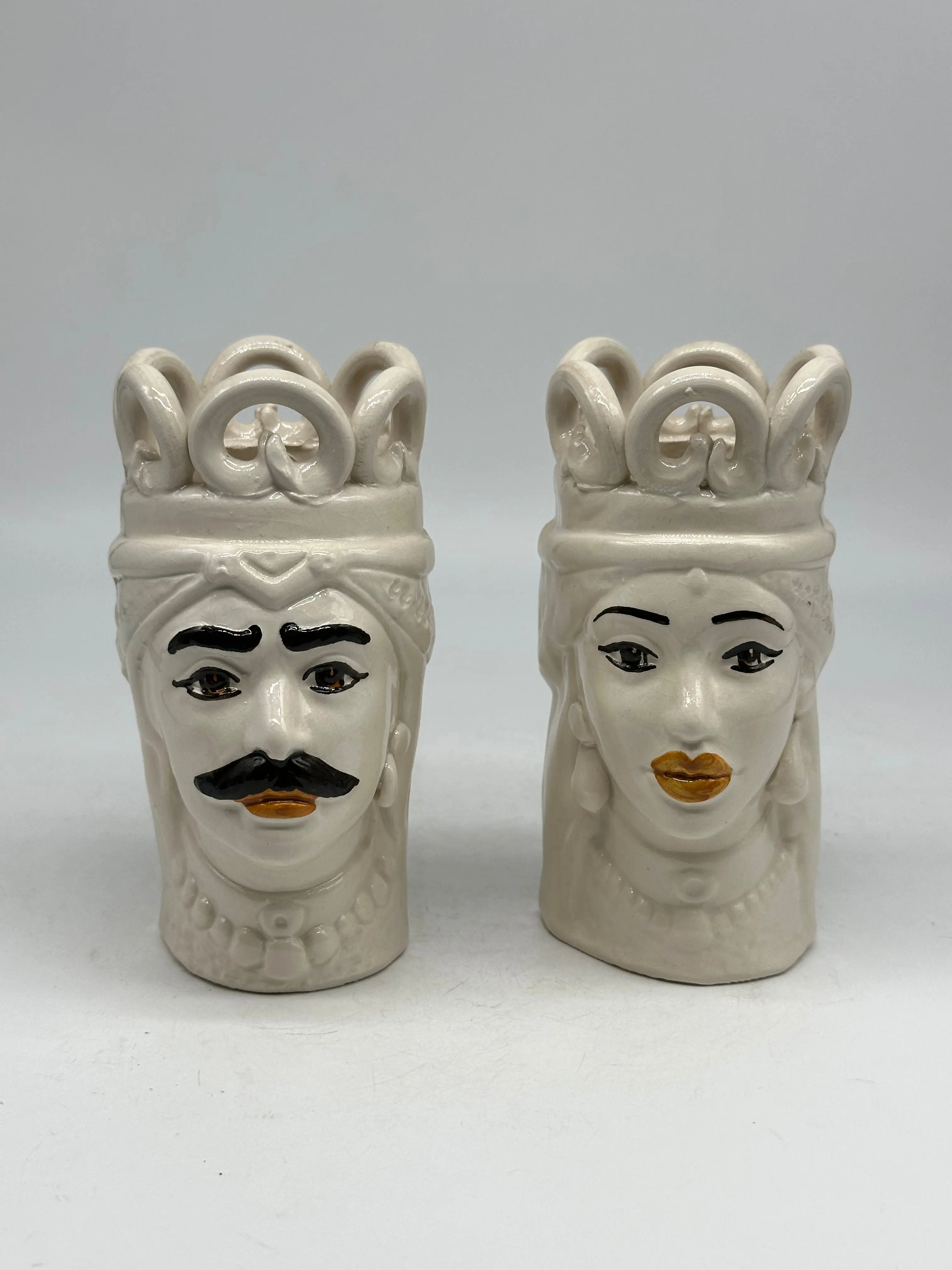 Pair of Moor's Heads Crown Caltagirone Ceramic cm H.15 L.7 Handcrafted White Color with details