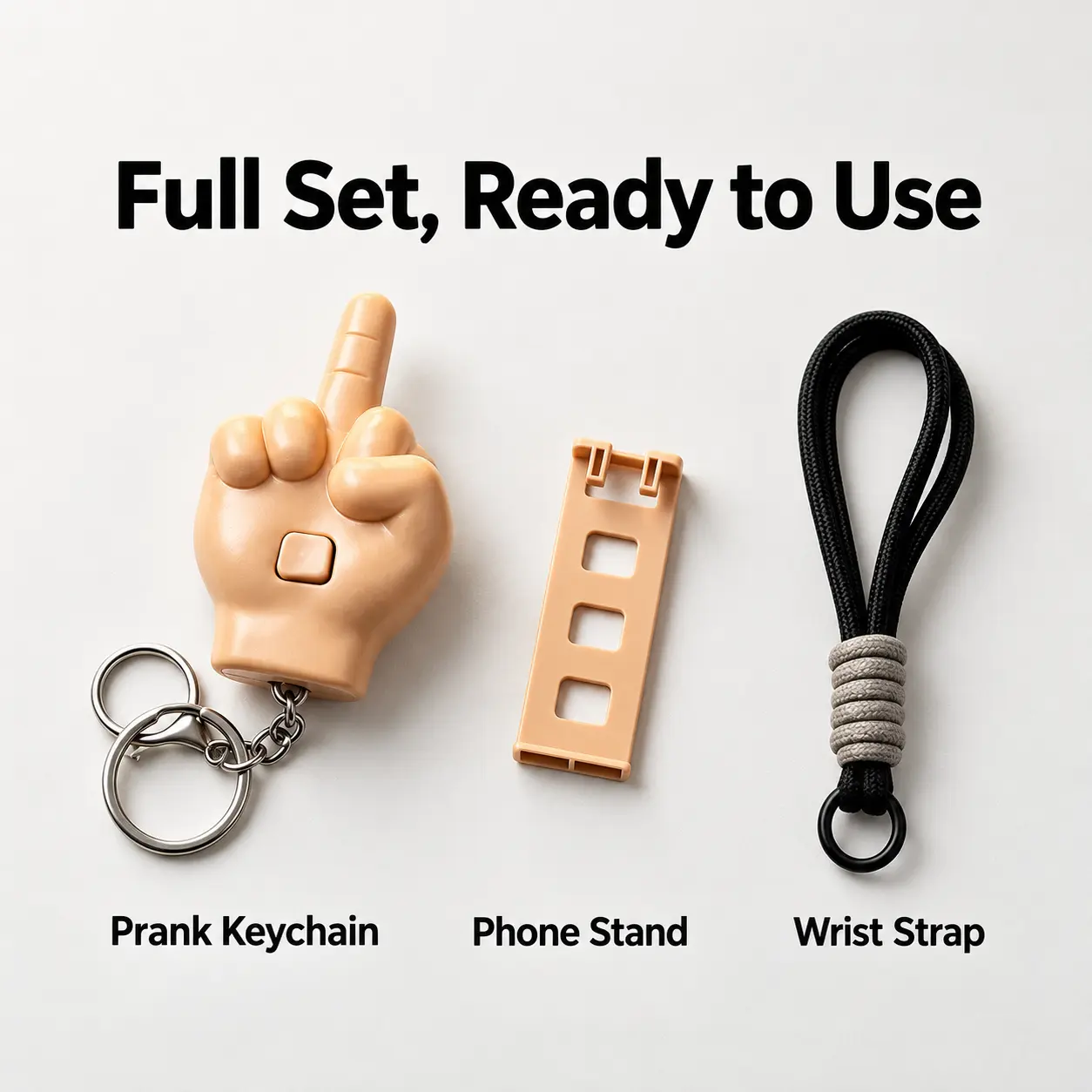 3-Piece Funny Middle Finger Keychain Set, Retractable Flip Finger Prank Keychain with Push Button, Mini Phone Stand & Wrist Strap, Novelty Gag Gift, Backpack Charm for Adults