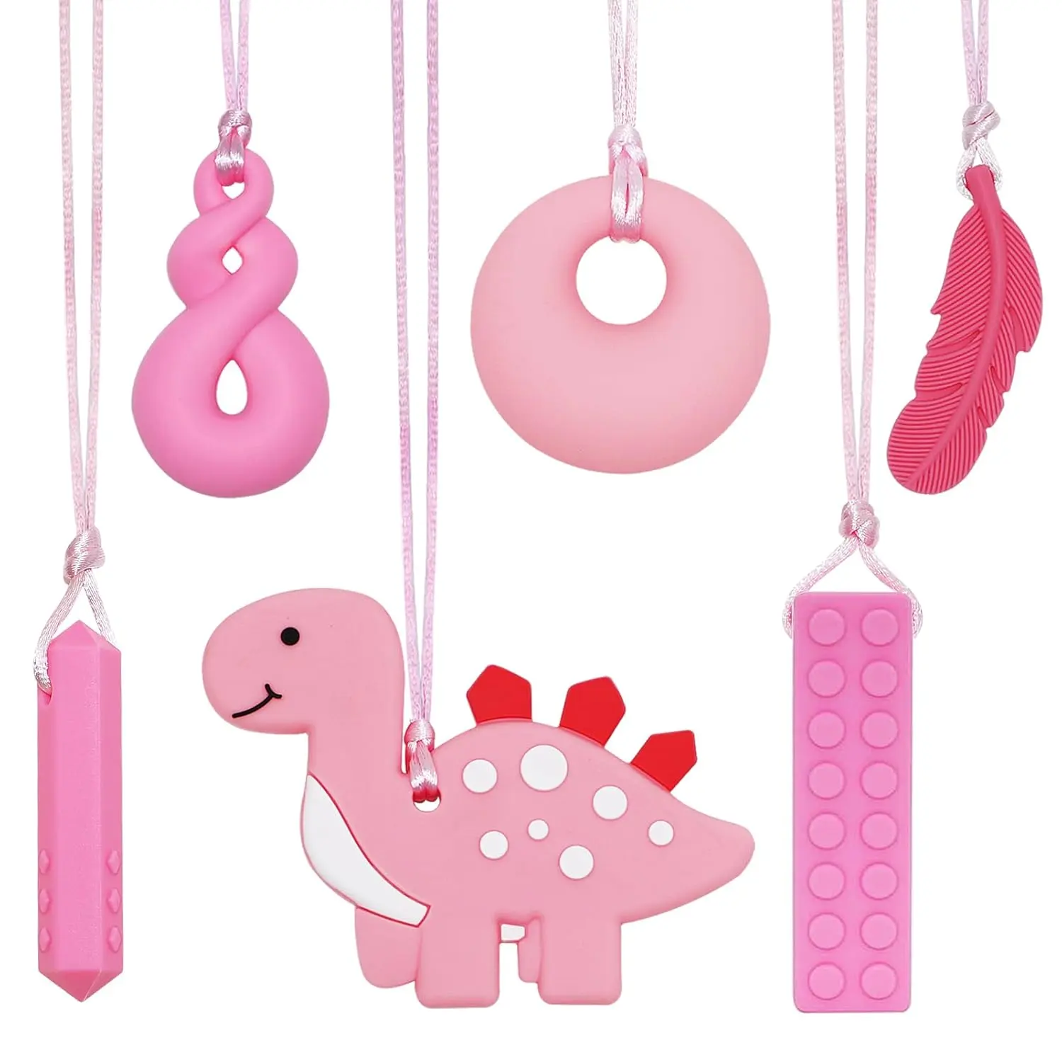 JNS51 Chew Necklace for Sensory Kids Girls and Adults, 5 Pack Sensory Necklace for Autistic Children or Adults with ADHD, SPD, Anxiety, Silicone Pink Dinosaur  - BPA Free