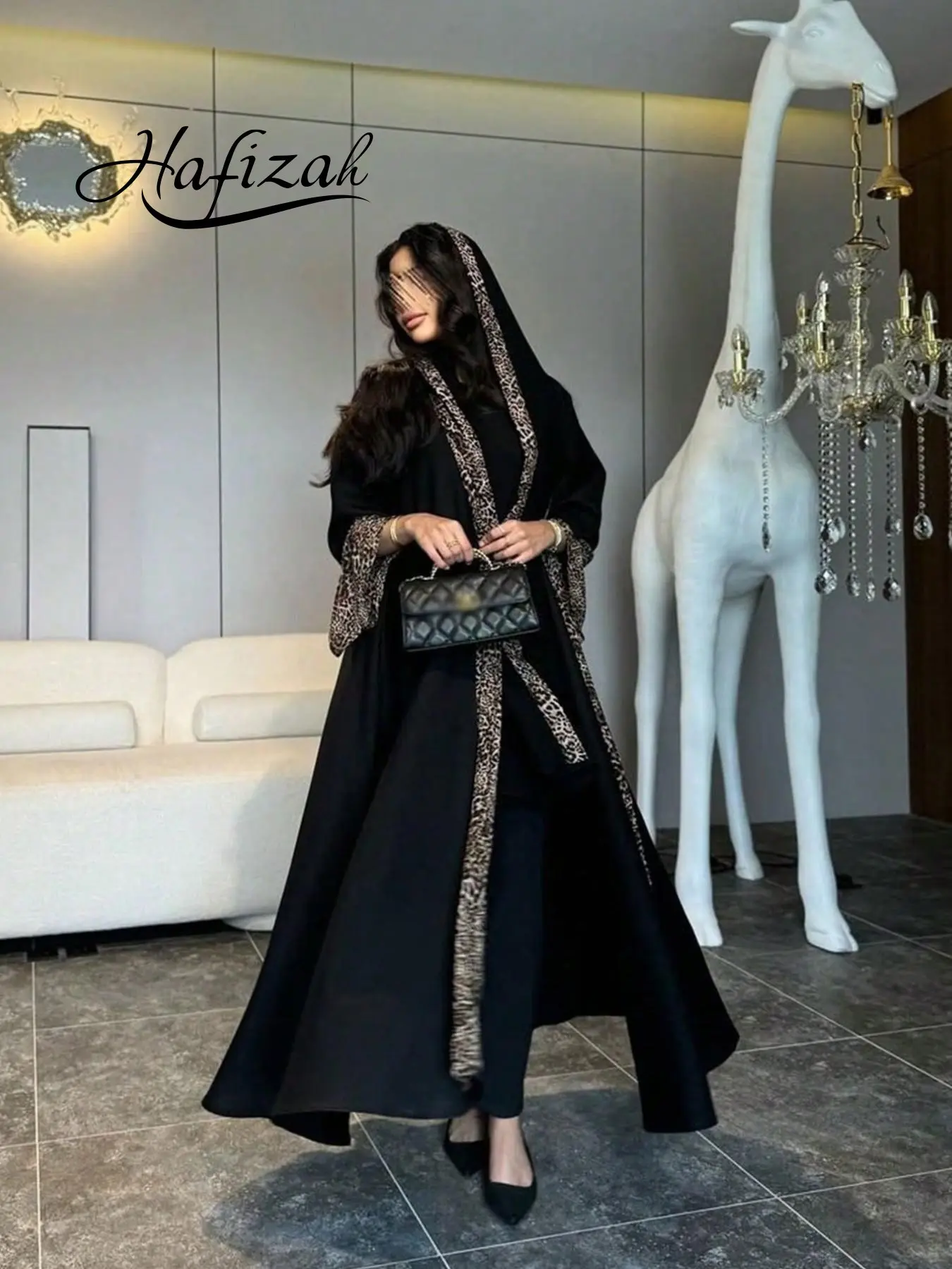 Hafizah Leopard Print Loose Fit Abaya Outerwear, Elegant Long Cardigan with Headscarf, Middle Eastern Luxury Women's Clothing, Islamic Abaya